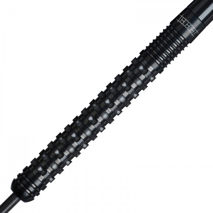 Close-up of 90% tungsten dart barrel with black precision grip knurling and texture, ideal for advanced dart players