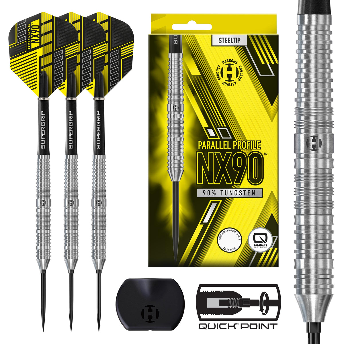 Harrows NX90 Parallel QP 90% tungsten darts with packaging, NX90 flights, Supergrip shafts and Quick Point