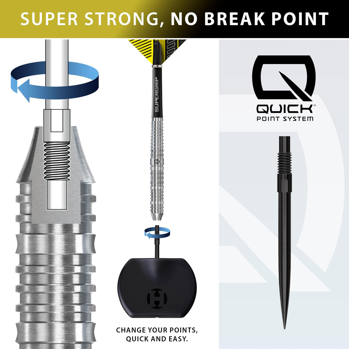 Harrows Quick Point system - swap point length, colour or style by hand with no tool