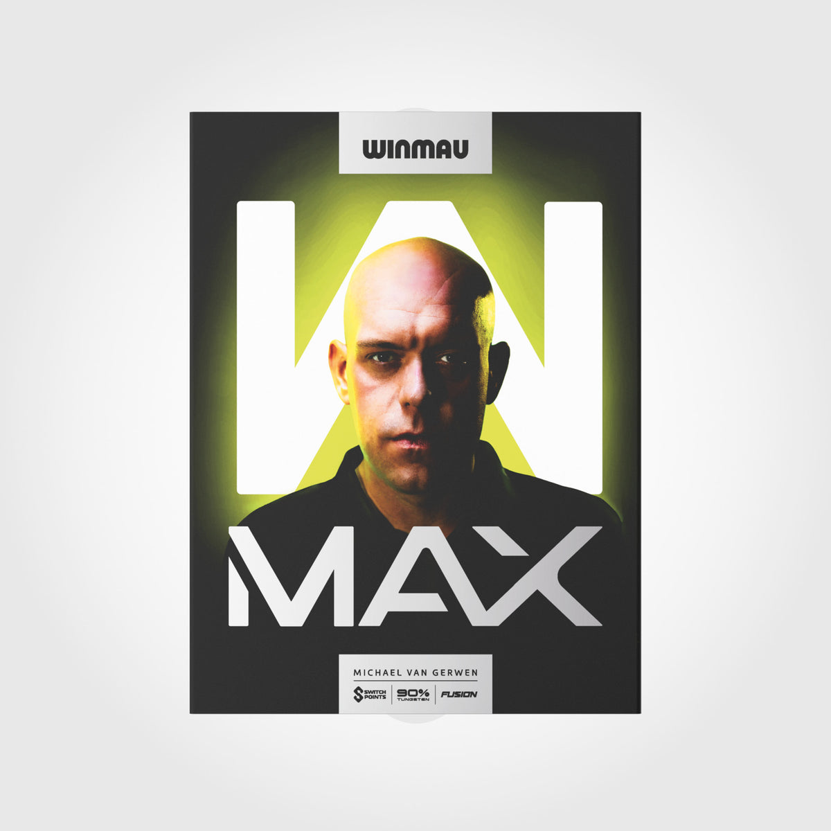 Front of Winmau MVG W-Max Michael van Gerwen 90% tungsten darts retail packaging