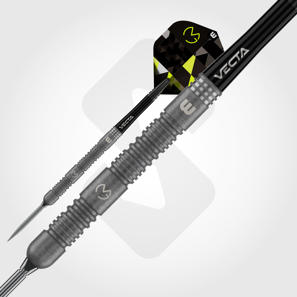 Close-up of Winmau MVG TS grey shot-blast tungsten barrel with radial ring grip and rear championship rings