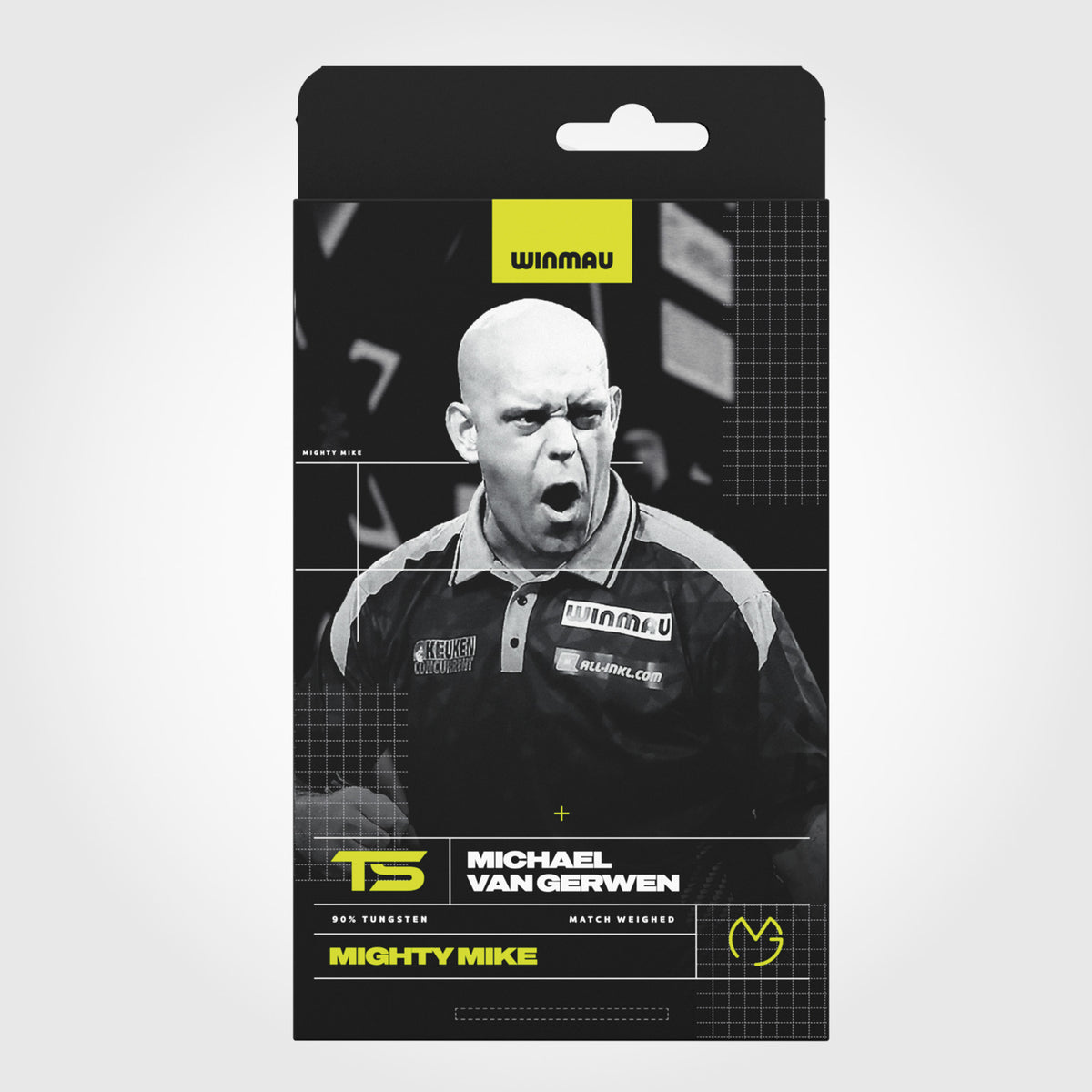 Front of Winmau MVG TS Michael van Gerwen 90% tungsten darts retail packaging