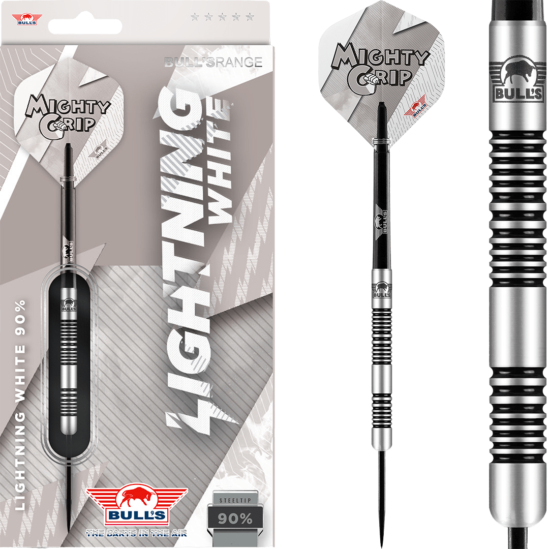 Steel tip tungsten dart in retail packaging with close-up of barrel grip rings, Mighty Grip flight, and 90% tungsten marking