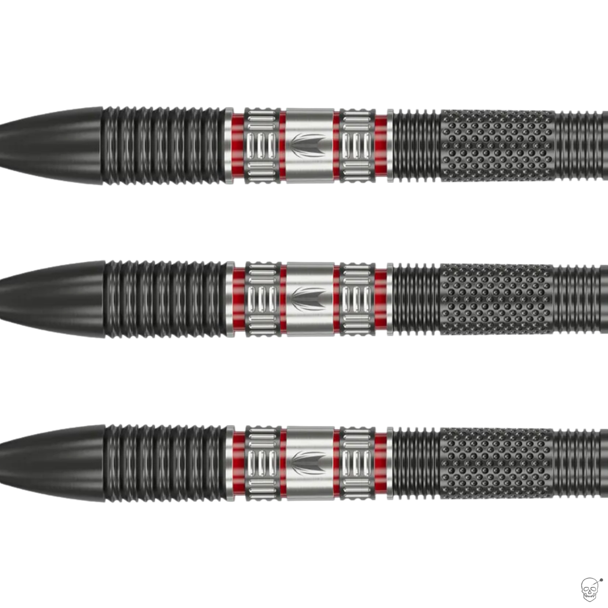 Three darts with black, silver, and red design on a white background
