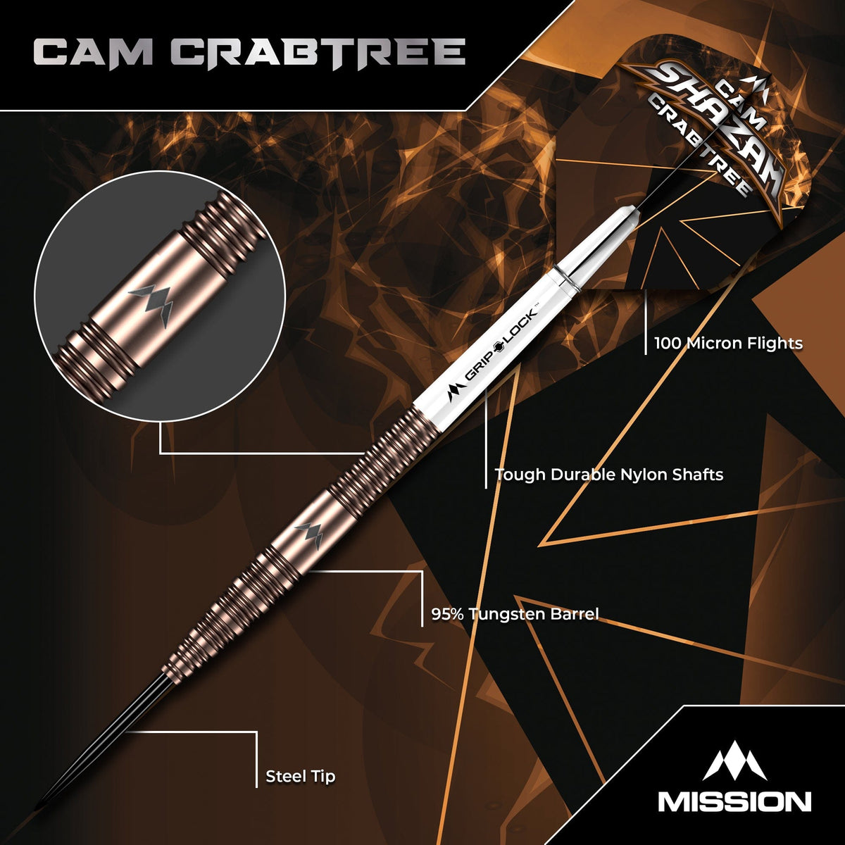 Mission Cam Crabtree V2 95% tungsten darts - barrel features close-up