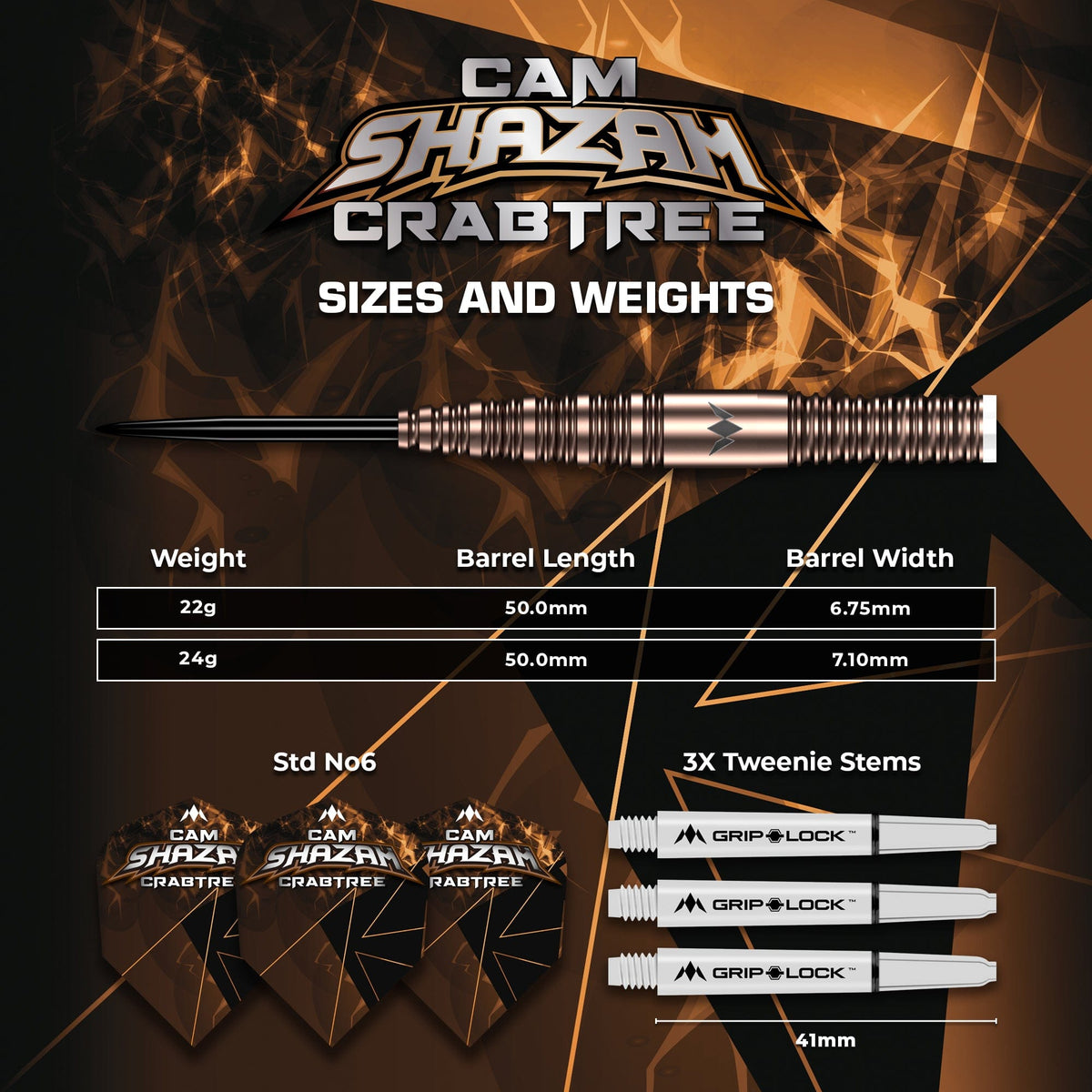 Mission Cam Crabtree V2 95% tungsten darts - sizes, weights and dimensions