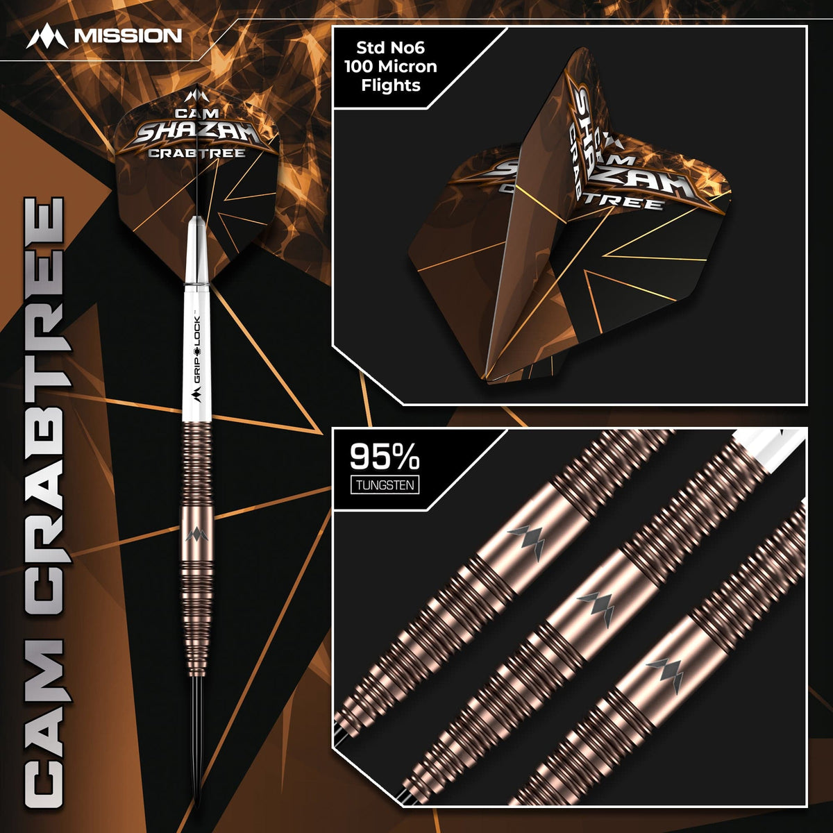 Mission Cam Crabtree V2 95% tungsten darts - darts with Cam Crabtree flights