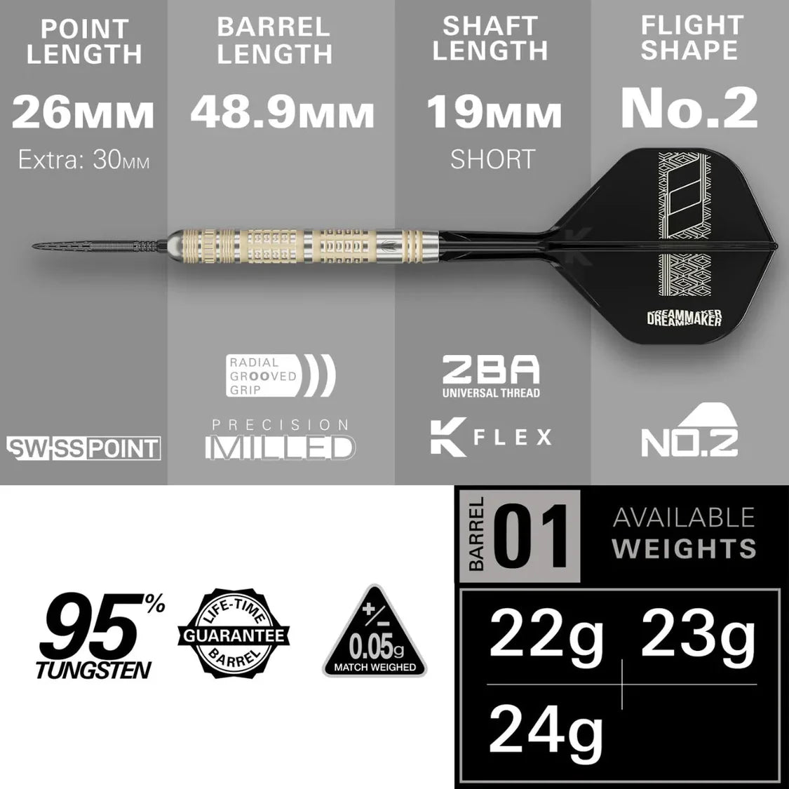 Dart with specifications on a gray background