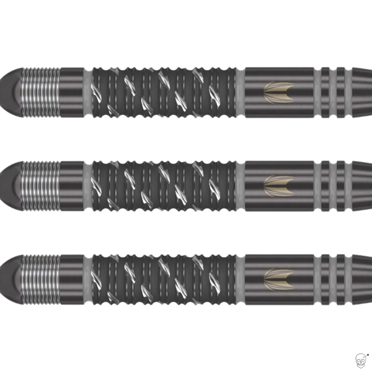 Three black darts with metallic tips on a white background