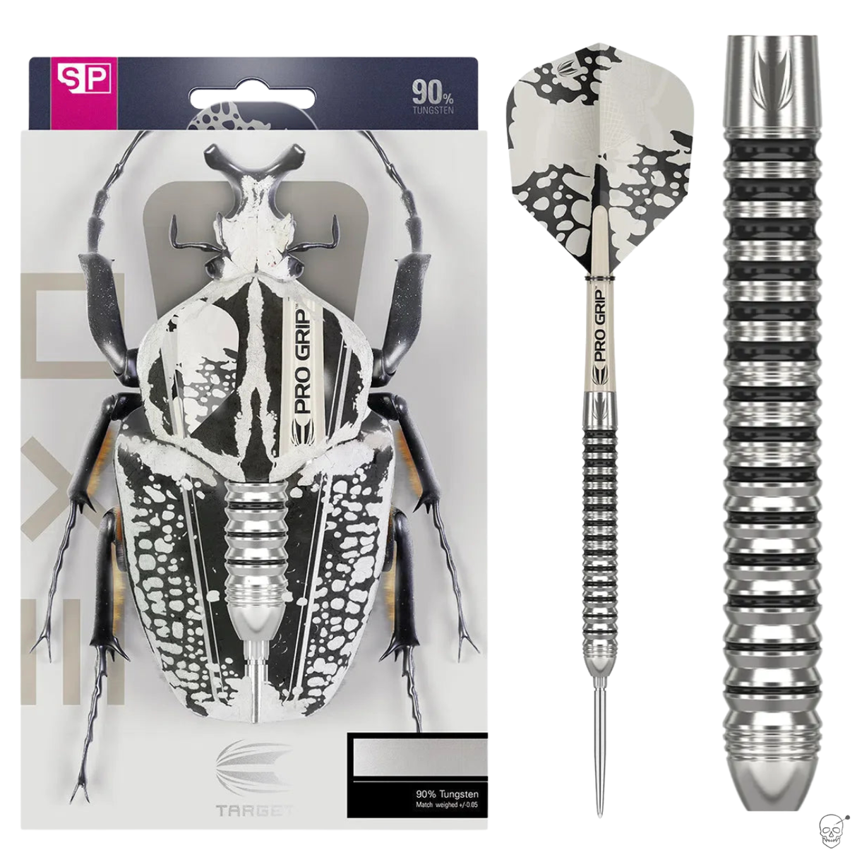 Dart set with beetle-themed packaging and silver darts