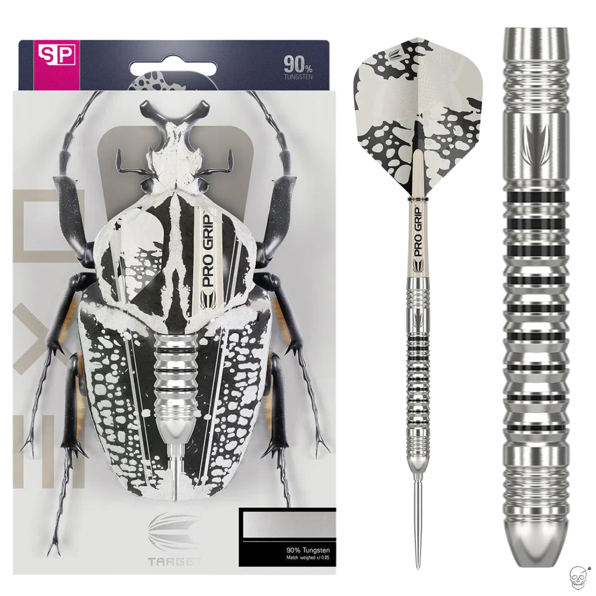 Silver darts with black patterns next to their packaging featuring a beetle design.