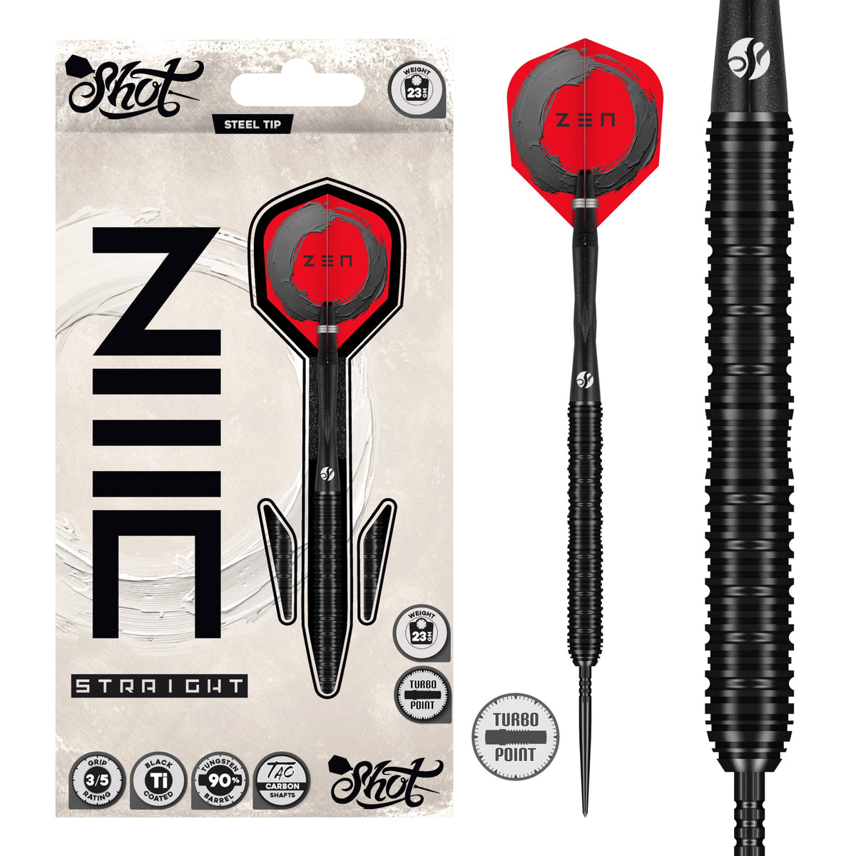 Shot Zen Straight 90% tungsten darts – slim parallel barrels with Turbo points