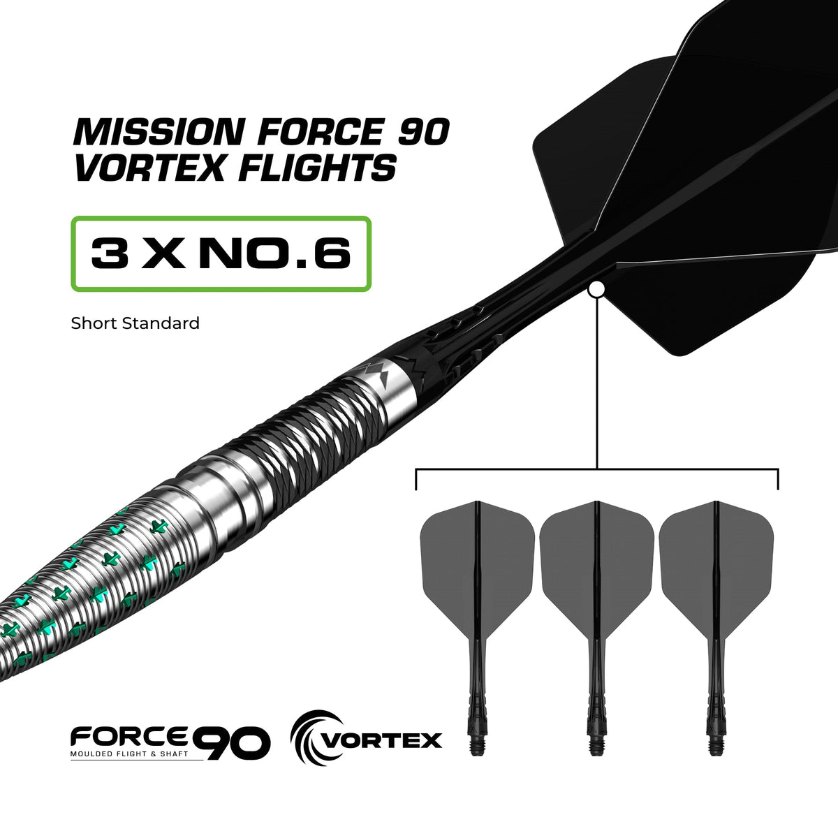 Mission Mantis 95% tungsten darts - Force 90 Vortex No.6 flights