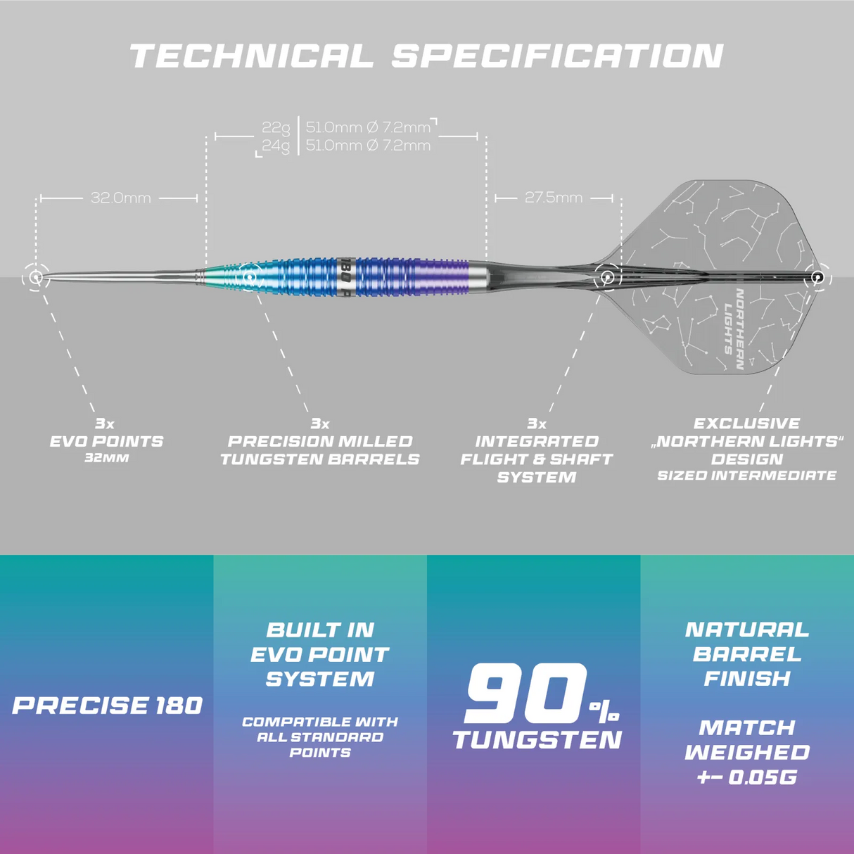 Precise 180 - Northern Lights - 90% Tungsten Darts
