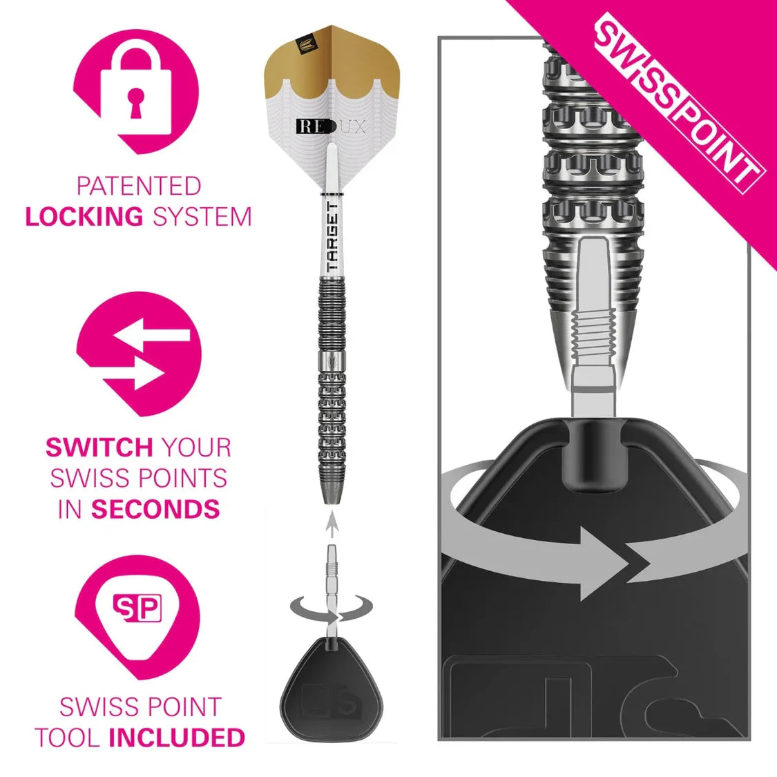 Swiss Point dart system with patent lock, switchable points, and tool included on a white background.