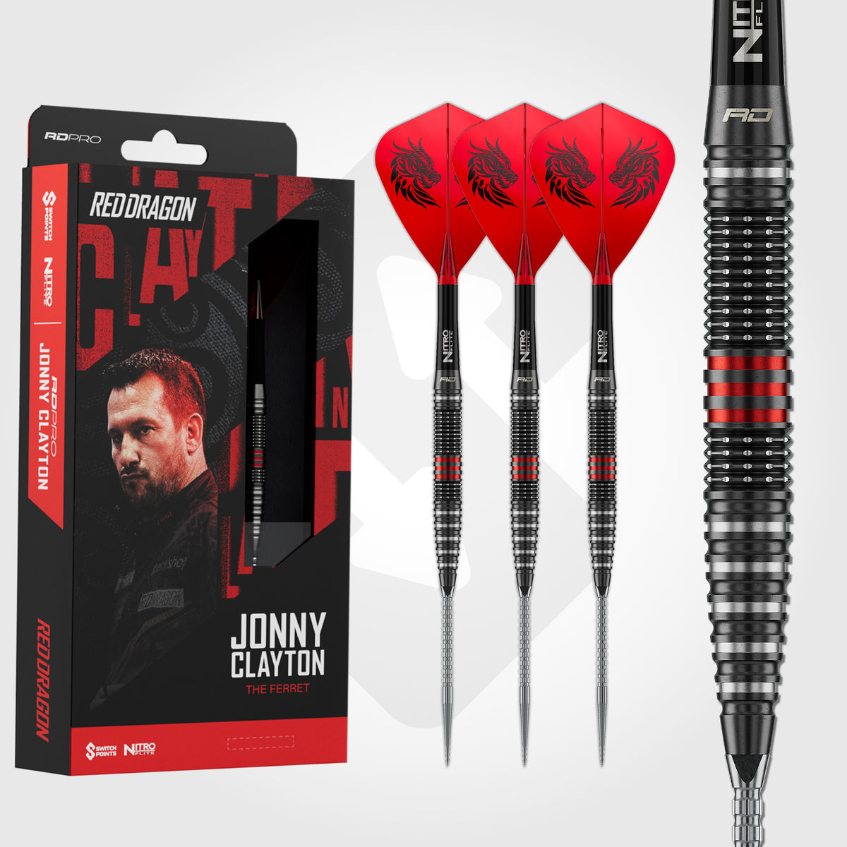 Red Dragon Jonny Clayton RD-Pro dart set alongside Jonny Clayton retail packaging