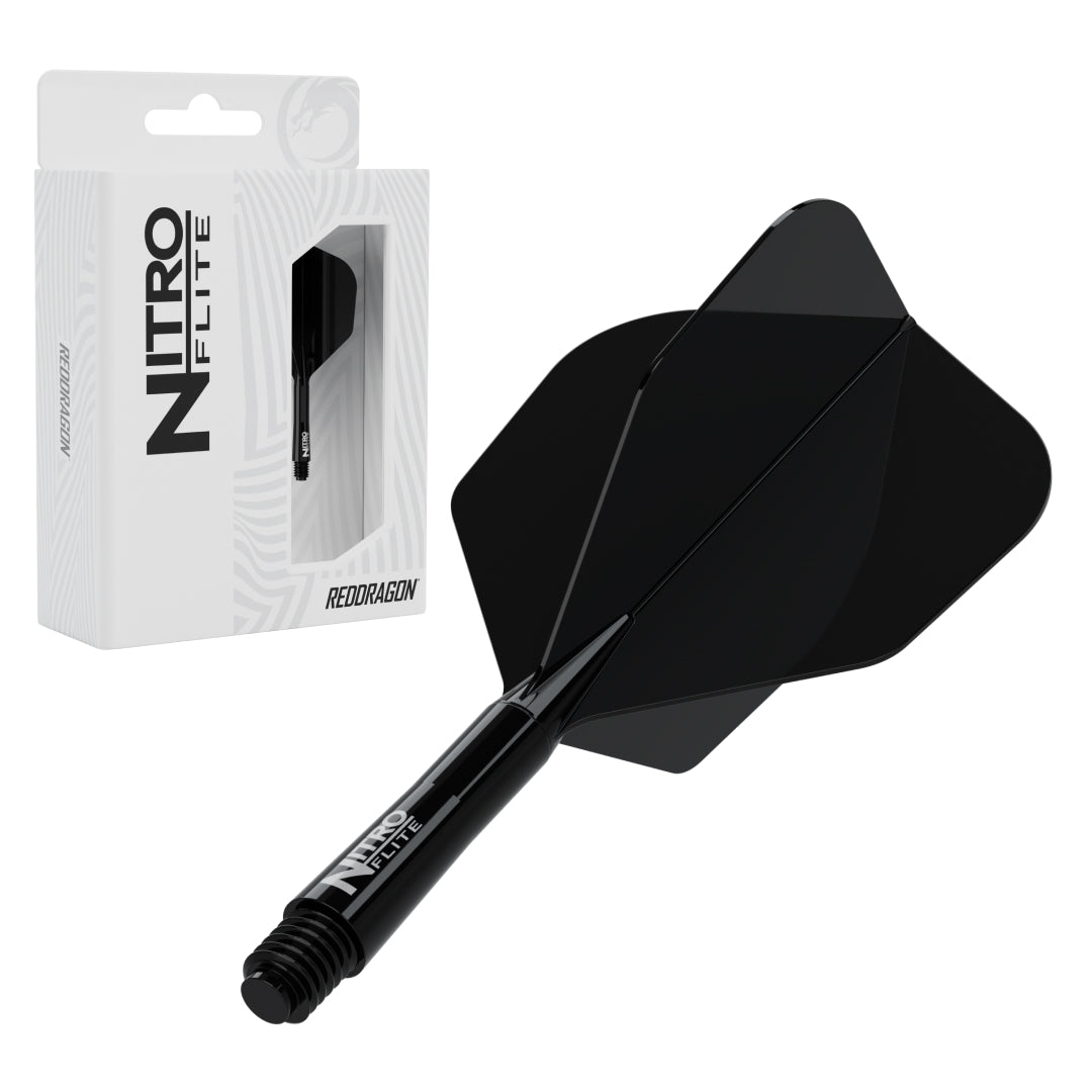Red Dragon Nitro Flite No.6 short with black stem and black flight, with retail packaging