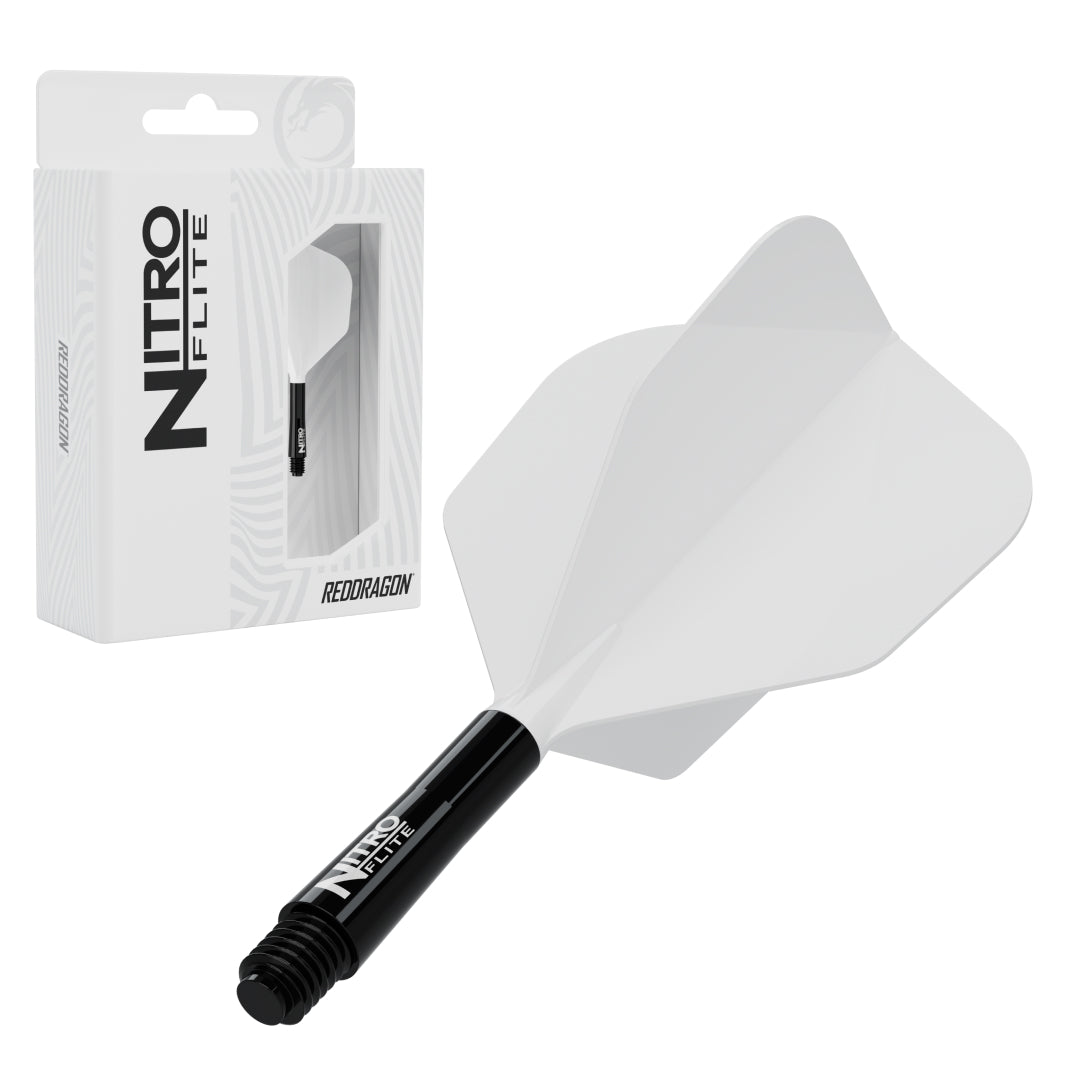 Red Dragon Nitro Flite No.6 medium with black stem and white flight, with retail packaging