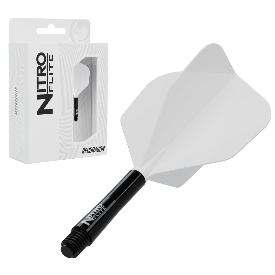 Red Dragon Nitro Flite No.6 intermediate with black stem and white flight, with retail packaging