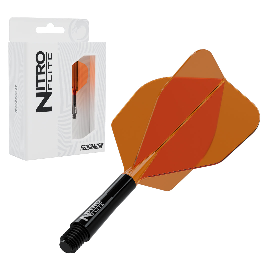 Red Dragon Nitro Flite No.6 short with black stem and orange flight, with retail packaging