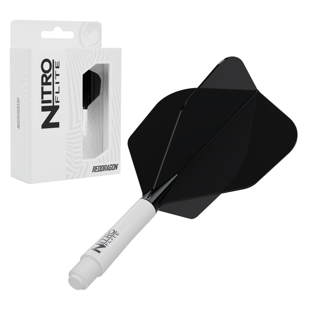 Red Dragon Nitro Flite No.6 short with white stem and black flight, with retail packaging