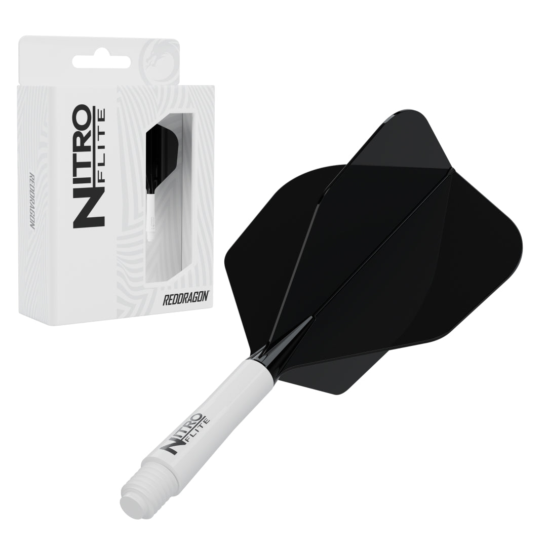 Red Dragon Nitro Flite No.6 medium with white stem and black flight, with retail packaging