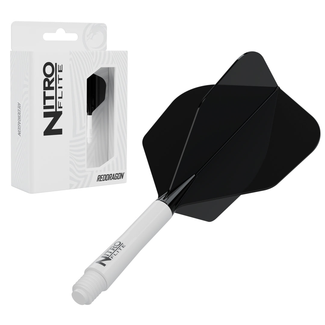 Red Dragon Nitro Flite No.6 intermediate with white stem and black flight, with retail packaging