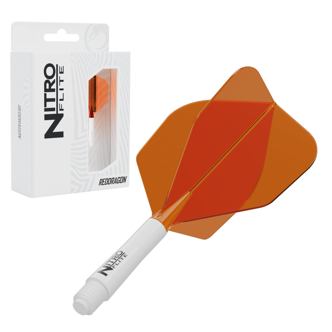 Red Dragon Nitro Flite No.6 medium with white stem and orange flight, with retail packaging