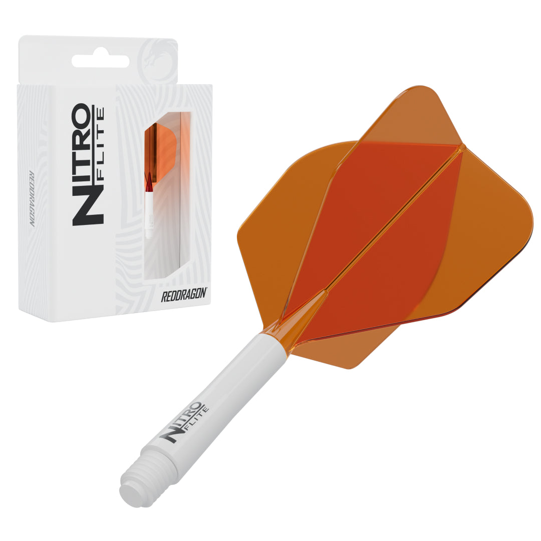 Red Dragon Nitro Flite No.6 intermediate with white stem and orange flight, with retail packaging