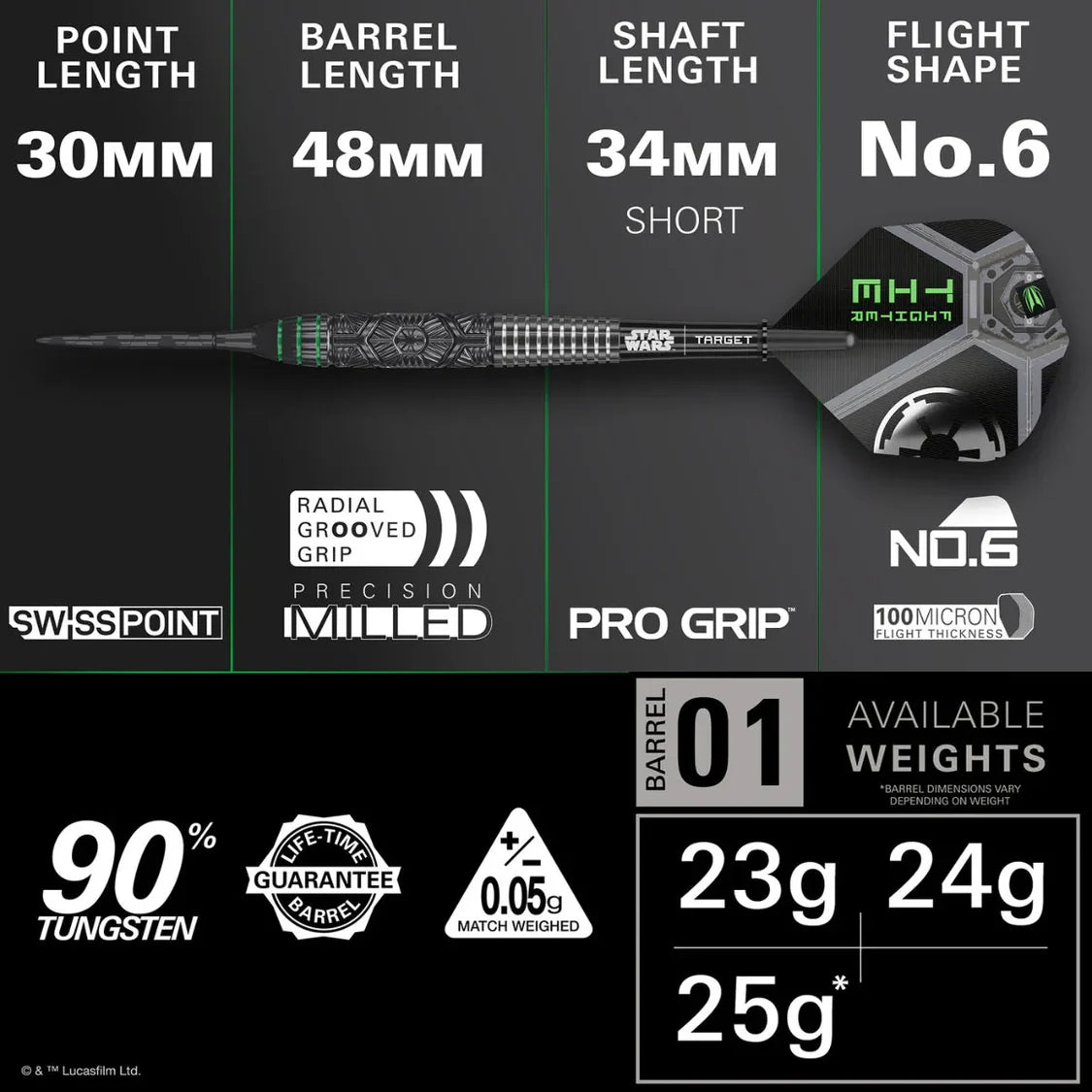 Dart with specifications on a black background