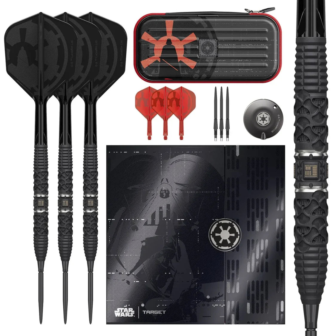 Collection of darts, dartboard, and accessories with Star Wars theme on a white background