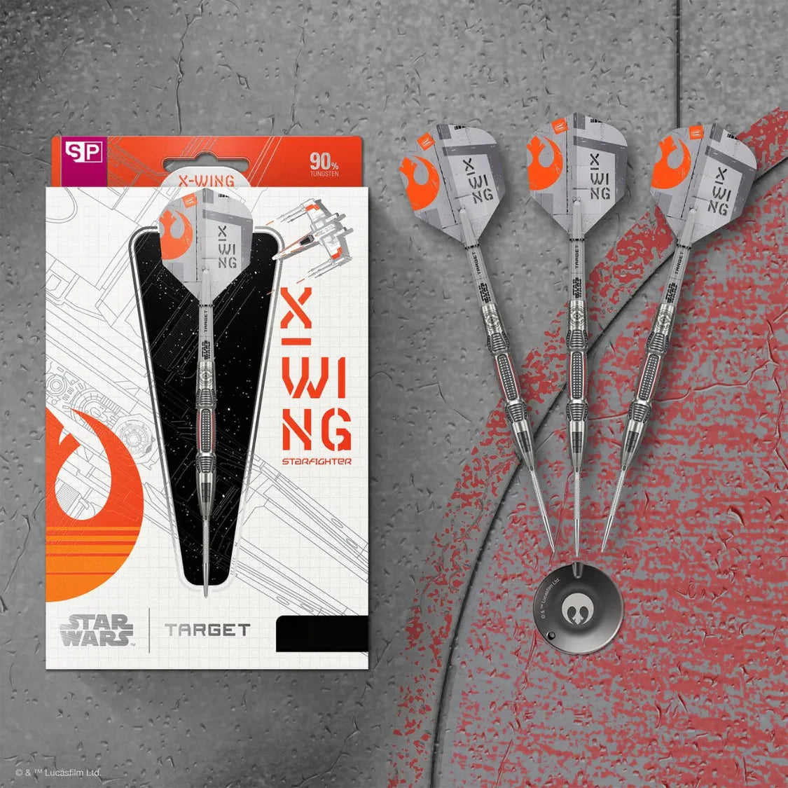 Star Wars X-Wing darts with packaging on a textured gray background