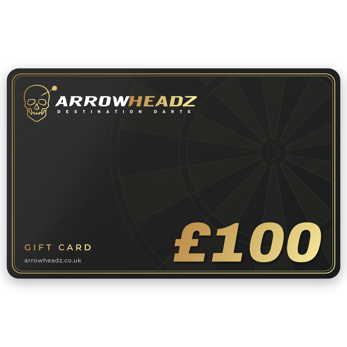 ArrowHeadz £100 darts gift card, black and gold gift voucher