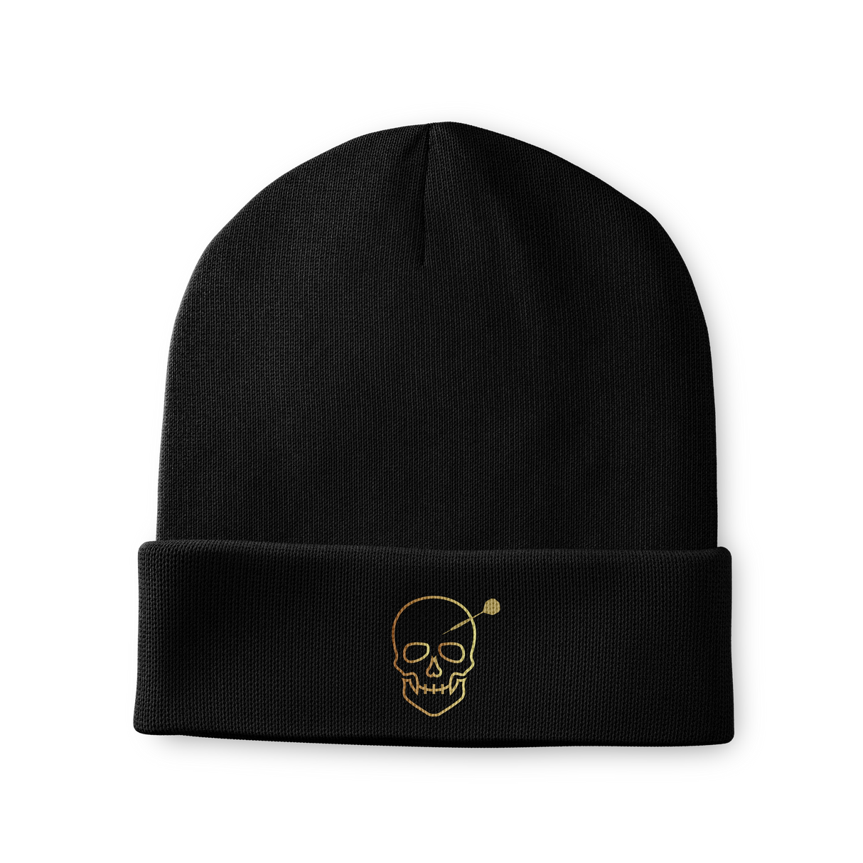 Black beanie with gold skull and dart embroidery, full product view isolated on black, dart-themed apparel