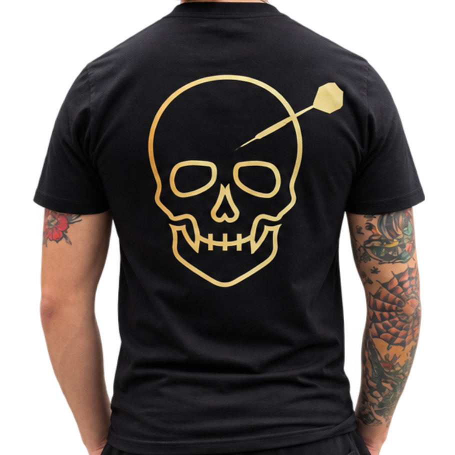 Back of the ArrowHeadz black t-shirt, showing the large gold skull struck by a dart