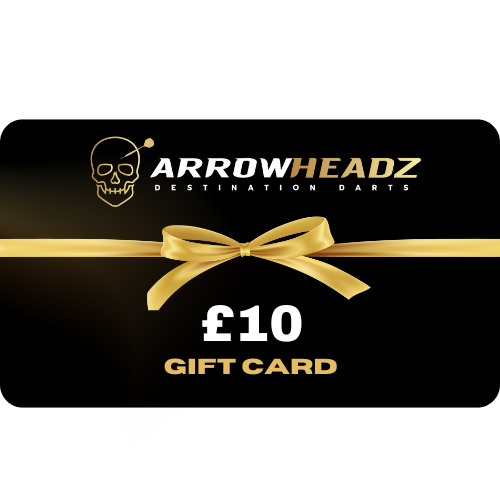 Dart gift card £10 value displayed flat with gold ribbon and bow, perfect present for darts players or enthusiasts