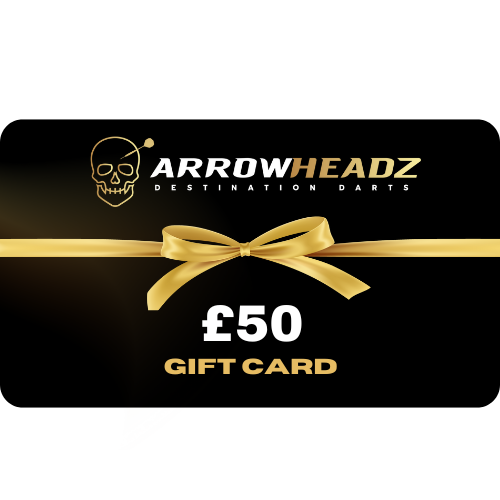 £50 ArrowHeadz darts gift card with gold ribbon bow, flat lay presentation on black background