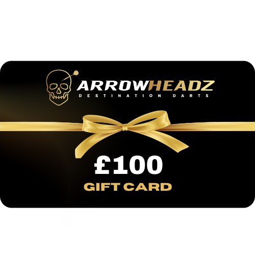 £100 darts gift card full view with gold ribbon and bow, ideal present for dart players and equipment fans