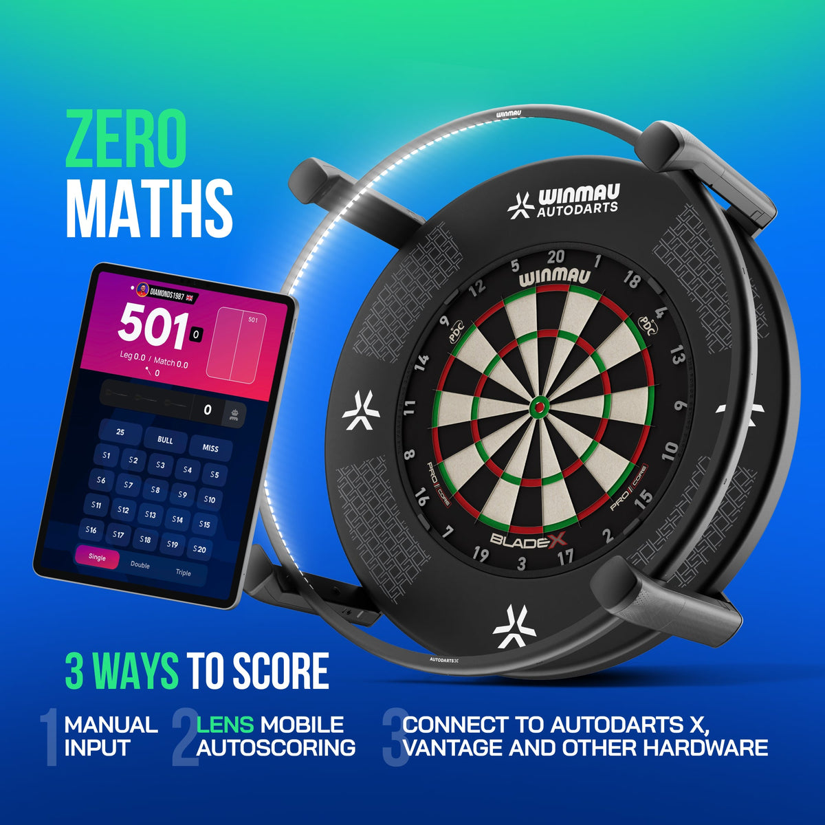 Autodarts zero maths scoring with three ways to score: manual input, Lens mobile autoscoring and Autodarts X hardware