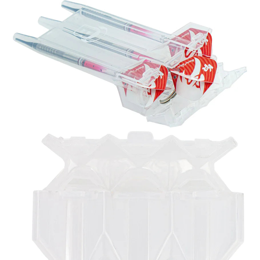 Clear rigid dart case open at an angle showing three set-up darts with red flights, transparent barrel grip and organized dart storage
