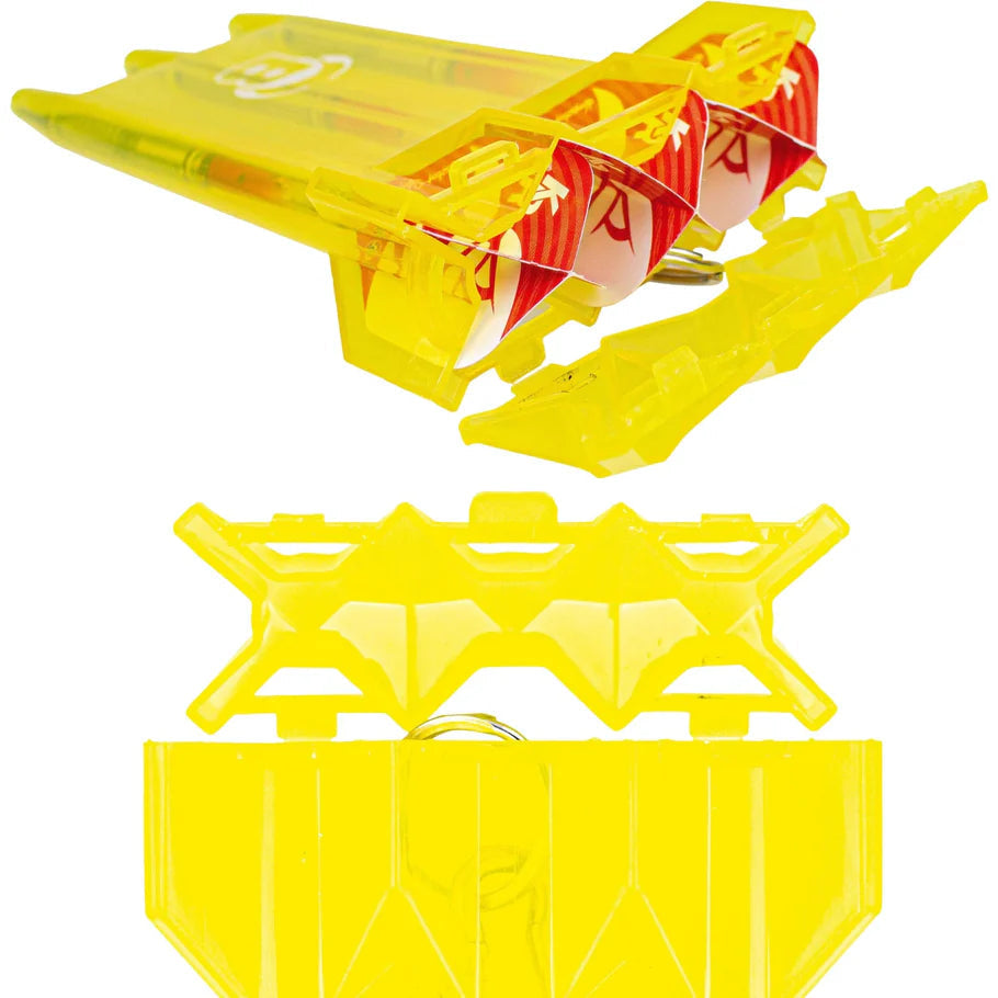 Open yellow rigid dart case with three set-up darts inside, top-down close-up on white background