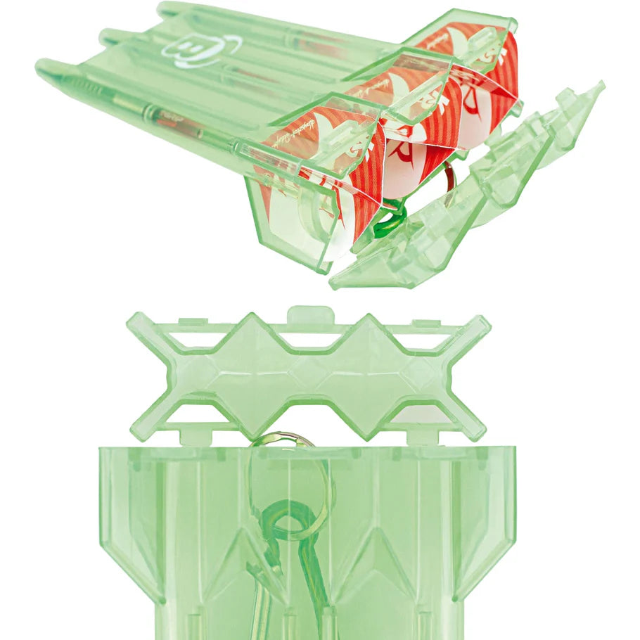 Angled close-up of open rigid green dart case showing three set-up darts with flights and interior storage slots