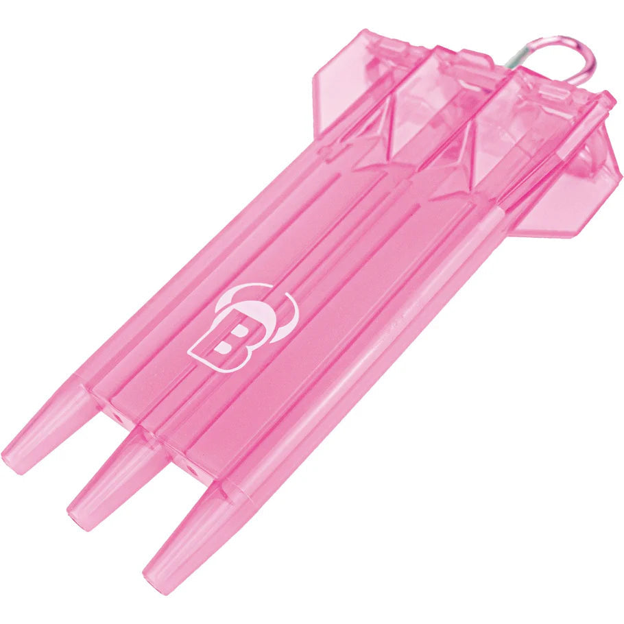Angled view of pink rigid dart case for fully assembled darts, translucent hard shell with molded slots, isolated on white
