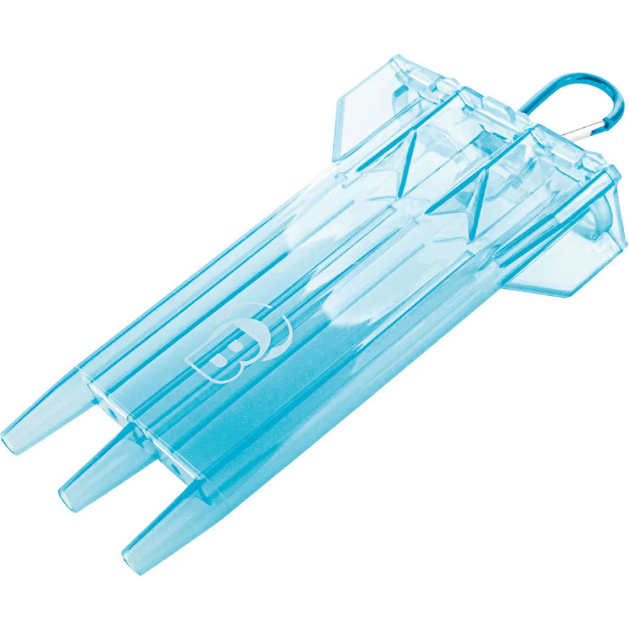 Angled view of blue rigid dart case for fully assembled darts, transparent design, isolated on white background