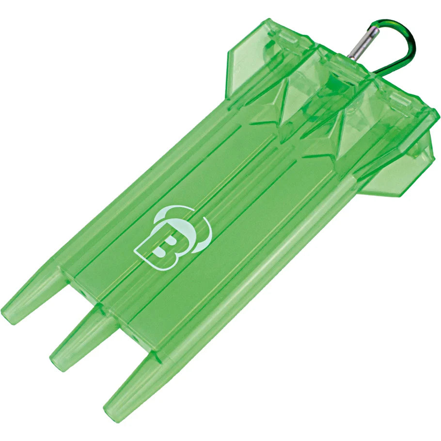 Green rigid dart case with carabiner, angled close-up showing dart slots and transparent compartment design