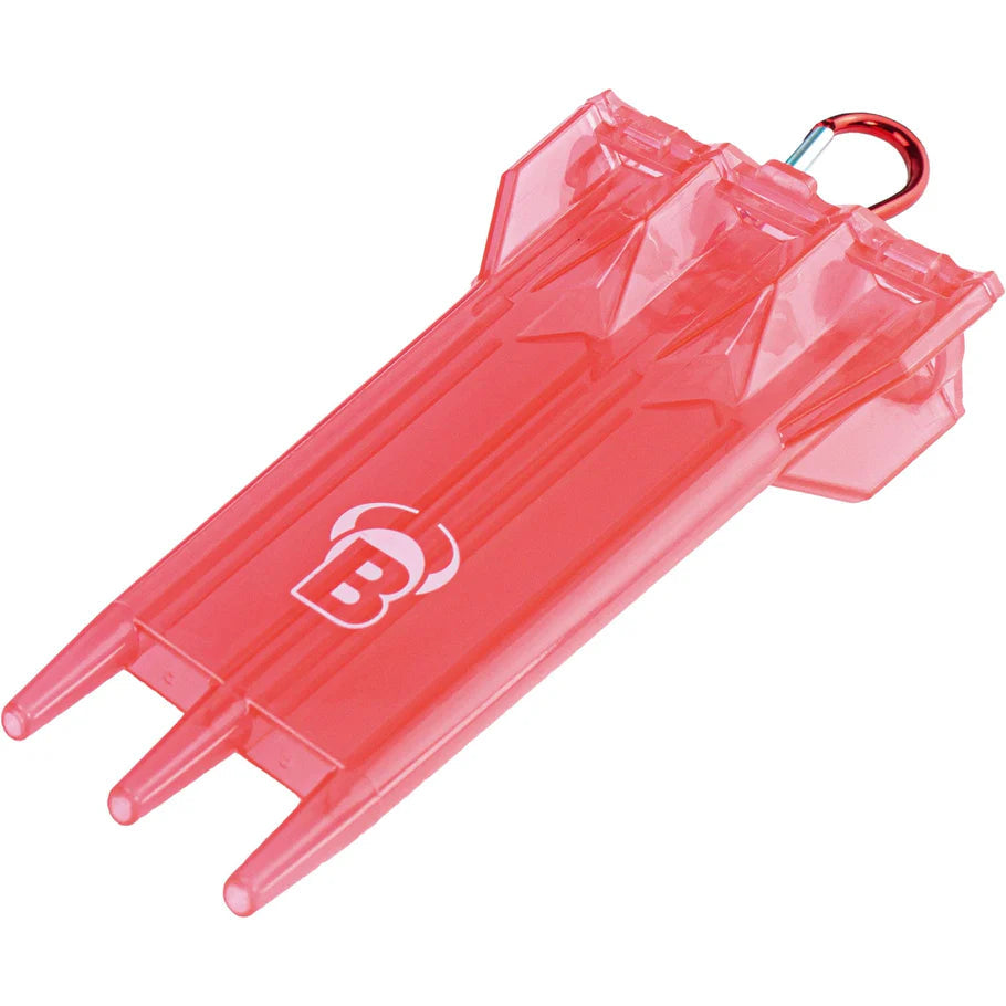 Angled close-up of rigid pink dart case with carabiner clip, translucent design, three dart slots, isolated on white background
