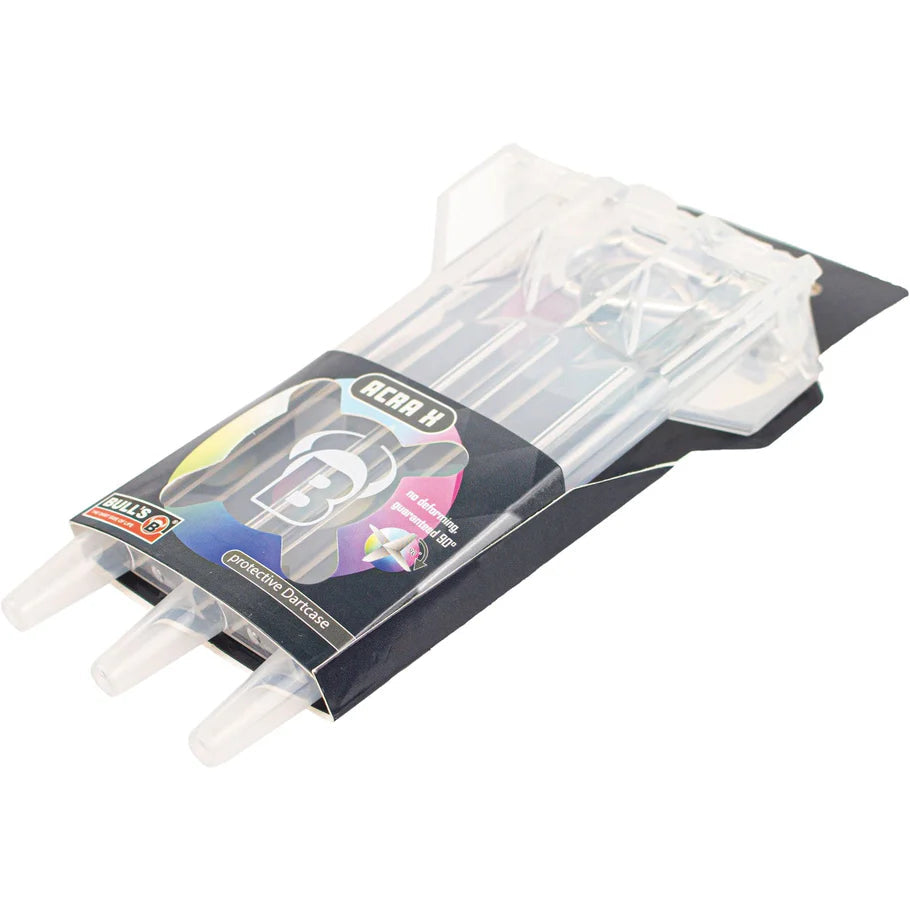 Angled view of rigid dart case in packaging with transparent cover, showing dart storage for fully assembled darts, isolated on white background