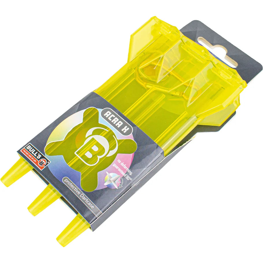 Acra X rigid dart case in yellow shown in retail packaging, full product view, protective case design for complete dart sets