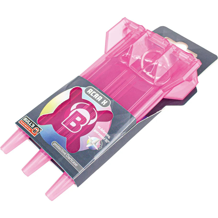 Angled view of pink rigid dart case in retail packaging, designed to hold full darts, sturdy plastic construction for dart storage