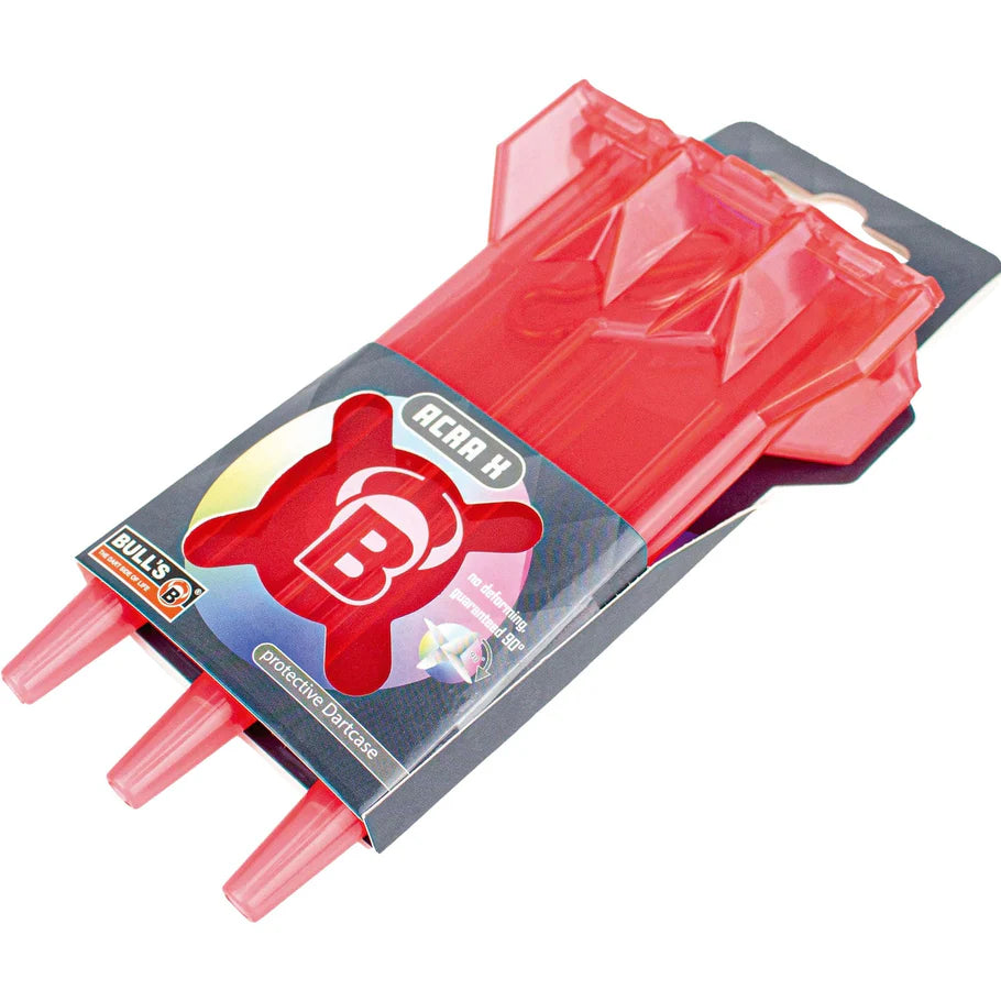 Angled view of red rigid dart case in retail packaging, showing molded slots for darts and translucent durable design